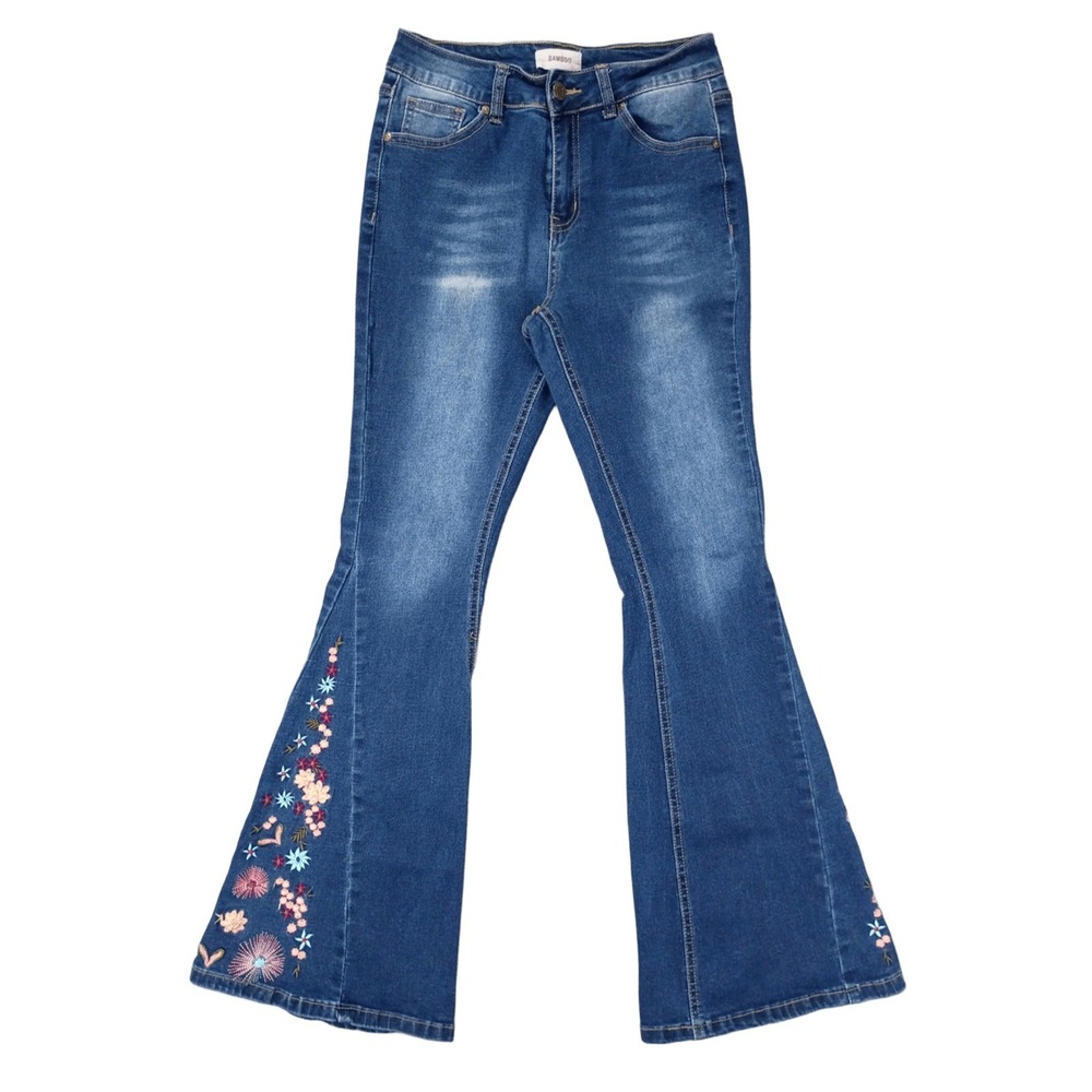 Bamboo Flare Bell Bottom Pink Floral Embroidered Jeans Boho Hippie 90s Size 7